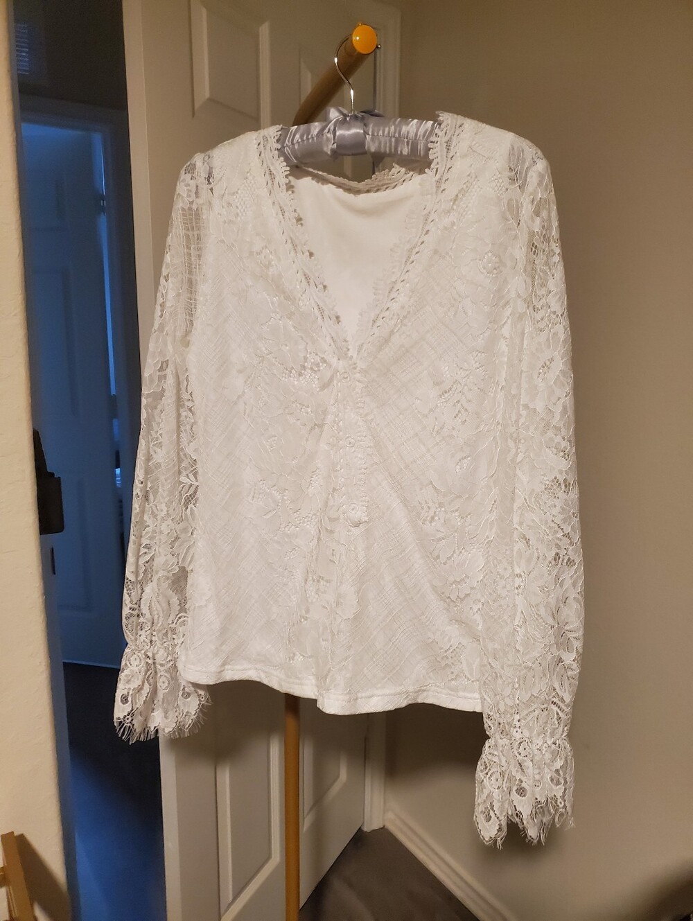 White Lace V-Neck Long Sleeve Blouse